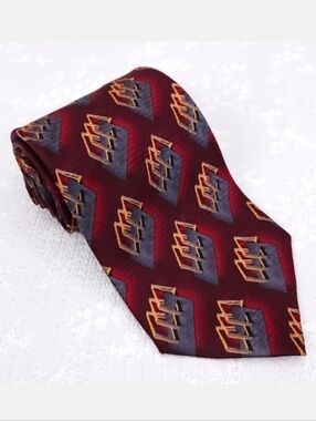 New! J.Z. Richards Silk Tie Red Orange Gray Geometric Hand-Made in USA